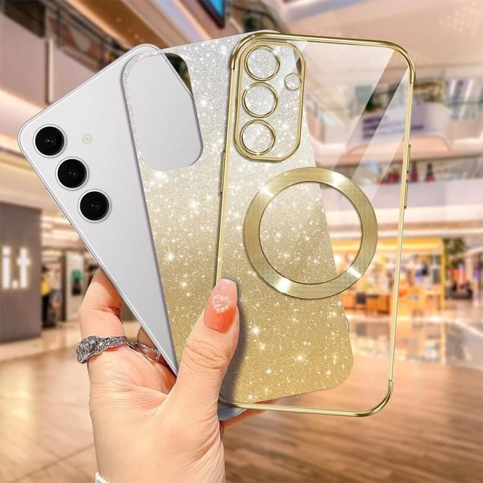 Case + 2 Tempered Glasses for Samsung Galaxy S25, Silicone with Magnetic Circle Camera Protection - Glittering Gold