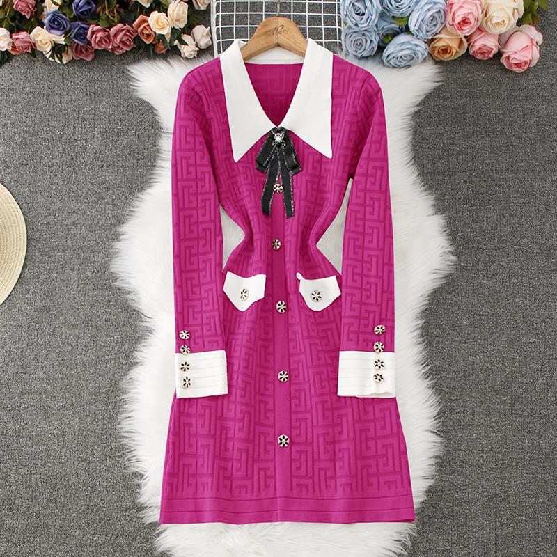 Autumn Winter Women Elegant Polo Collar Designer Print Bowtie Knitted Sweater Office Party Slim Bodycon Sheath Dresses