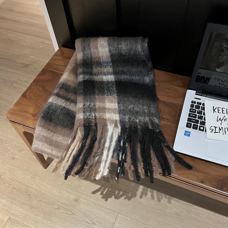Rainbow Plaid Autumn and Winter Imitation Cashmere Thick Beard Scarf for Female Students Couple Mohair Warm Scarf Thick Shawl
