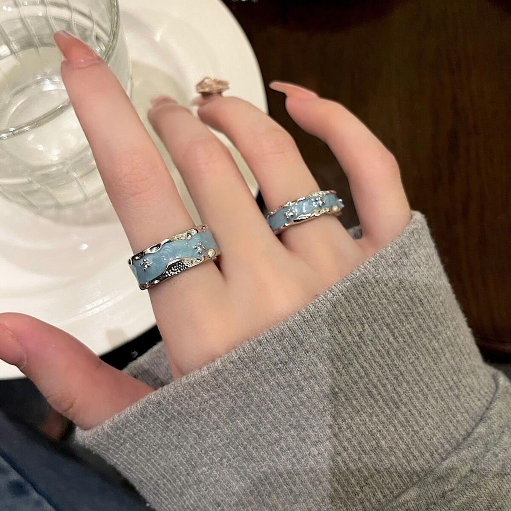 Vintage Sky Blue Drop Glaze Open Ring Women'S Light Luxury Niche Design High-End Ring Plain Ring Decorative Index Finger Ring