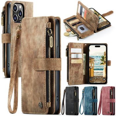 CaseMe Кожаный чехол-книжка для телефона для iPhone 17 Pro Max 16 Plus 15 14 13 12 11 XS XR X Samsung S25 FE S24 Ultra S23 S22 S21 S20 Кошелек на молнии с отделениями для карт