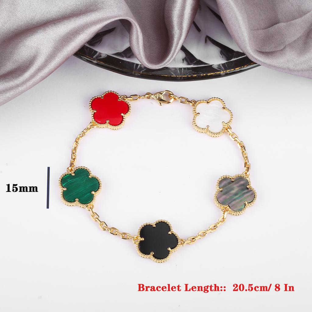 Hot Sale Premium 15mm Natural Stone White Shell Five Leaf Flower Bracelet Gold Silver Lucky bangle For Women Girls Party Daily