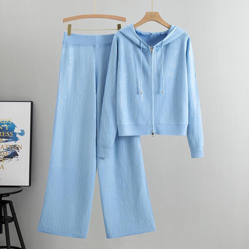 Women's Plus Size Wide Leg Pants Hooded Knit Cardigan Set Autumn Fashion Loose Casual Pant Suit