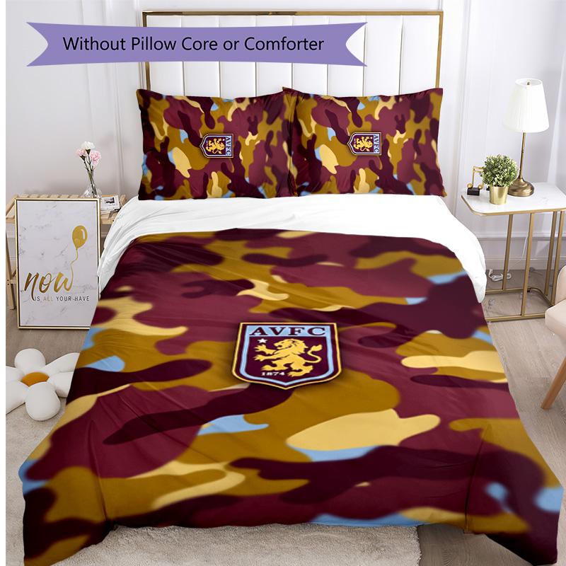 Aston Villa Football Printed 3 Pieces Bedding Set, Comfortable Skin Friendly Bedroom Duvet Cover Set