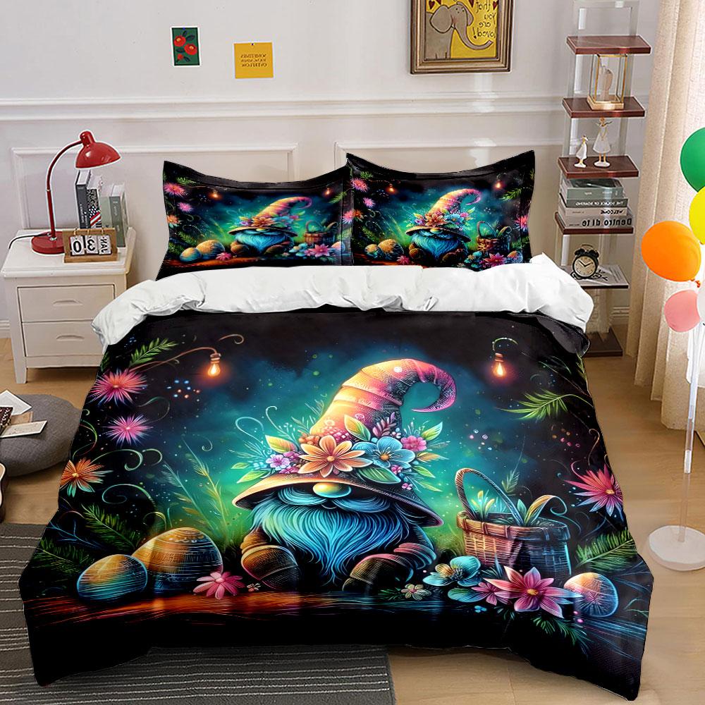 Whimsical Gnome Flower Bedding Bedding Duvet Cover Set Duvet Cover Pillowcases (1 * Duvet Cover 2 * Pillowcases, without duvet insert)
