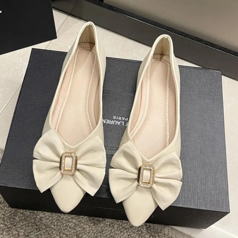 Модные женские балетки с острым носком, милые женские туфли из искусственной кожи, удобные одинарные туфли с бантом, женские осенние однотонные