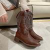 New Winter Vintage Brown Women Boots Cowboy Boots Women Embroidered Square Toe Brown Long Boots Chunky Mid Calf Women Shoes
