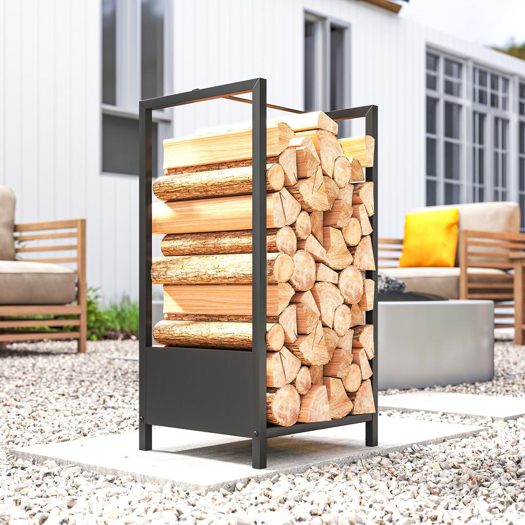 Indoor and Outdoor Steel Log Rack with Raised Base, 39x35x76cm, Black