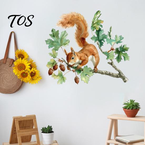 Soft Watercolor Illustration Decals Squirrel Wall Sticker, Cute Tree Branch Decal, Stickers Forest Animal Mural Art for Living Room, Bedroom, Nursery