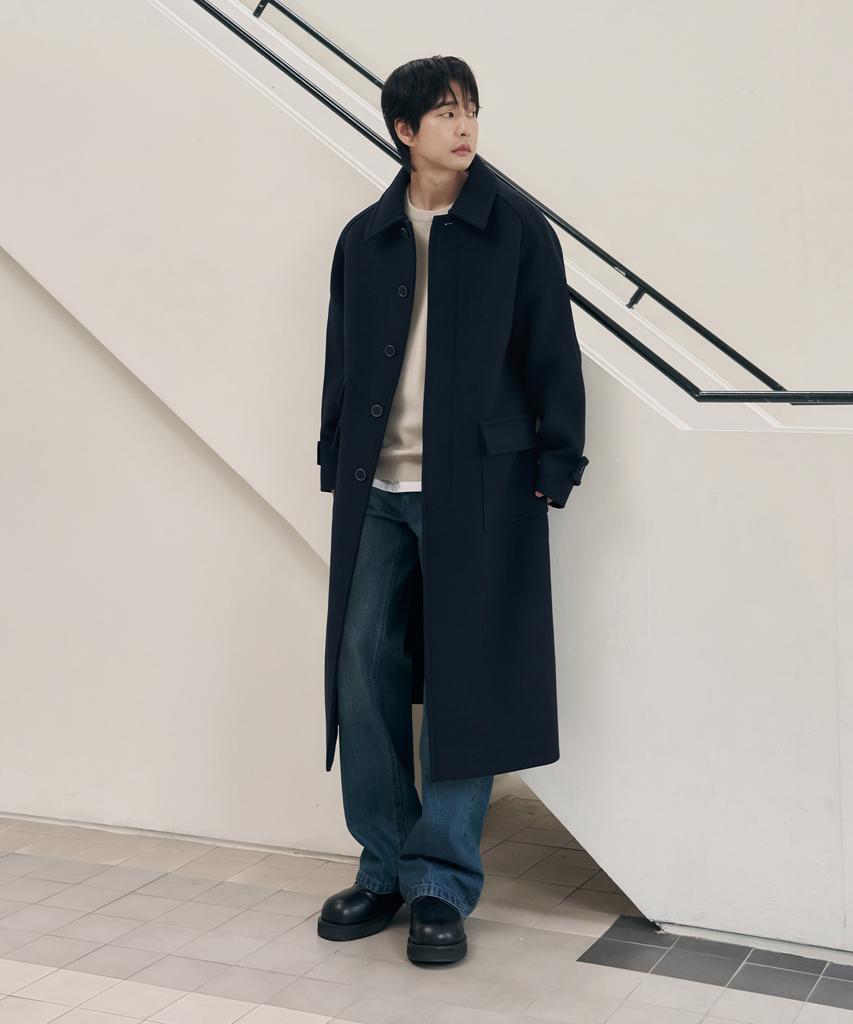 Draw Fit [Oh Jung-Kyu X Draw Fit] Consize Wool Wonder Balmacaan Coat [Navy]
