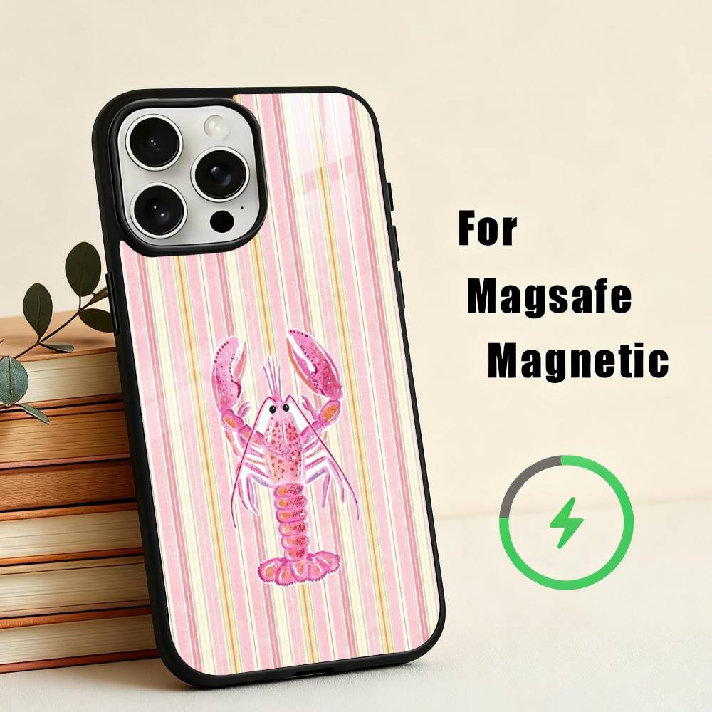 L-Lobster On S-Stripes Ocean Phone Case For iPhone17,16,15,14,13,12,11 Plus,Pro Max Magnetic For Magsafe Wireless Charging