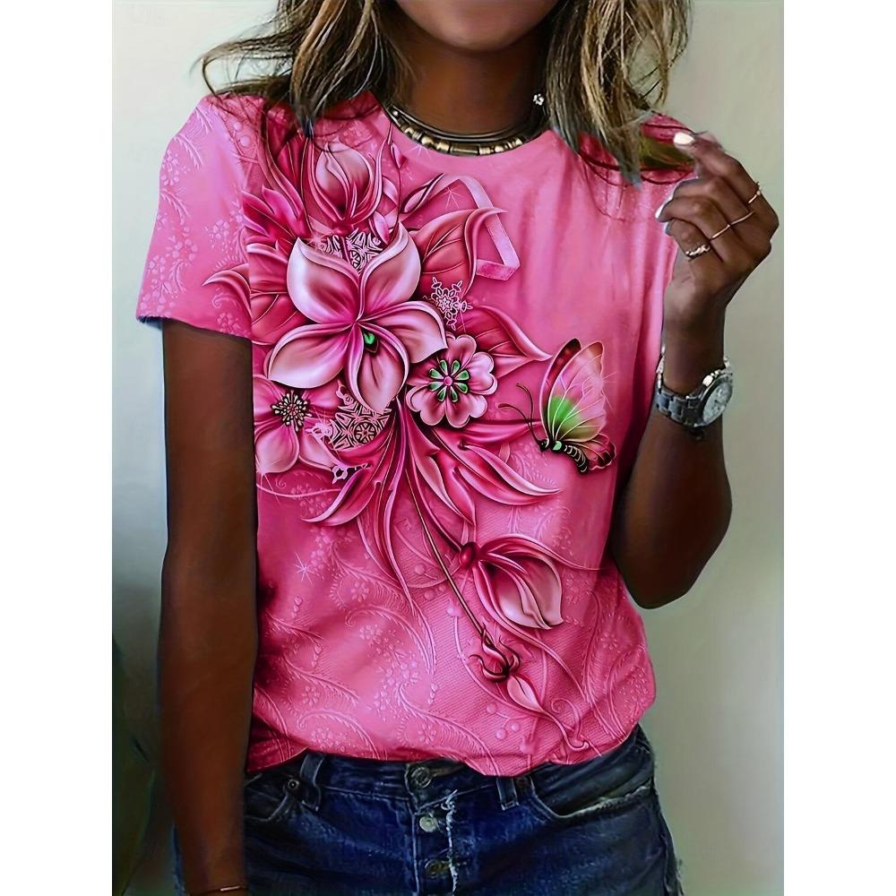 Женская футболка с цветочным принтом, круглым вырезом и коротким рукавом, с 3D-принтом бабочек, элегантная повседневная одежда, весна-лето