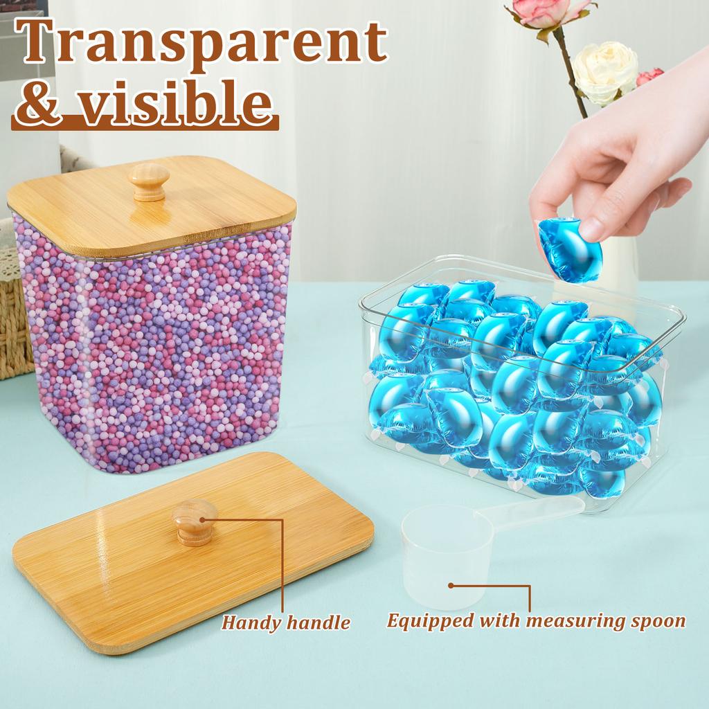 4 Pcs Laundry Pods Container with Bamboo Lid Clear Dryer Sheet Holder Laundry Powder Scent Beads Container Laundry Room