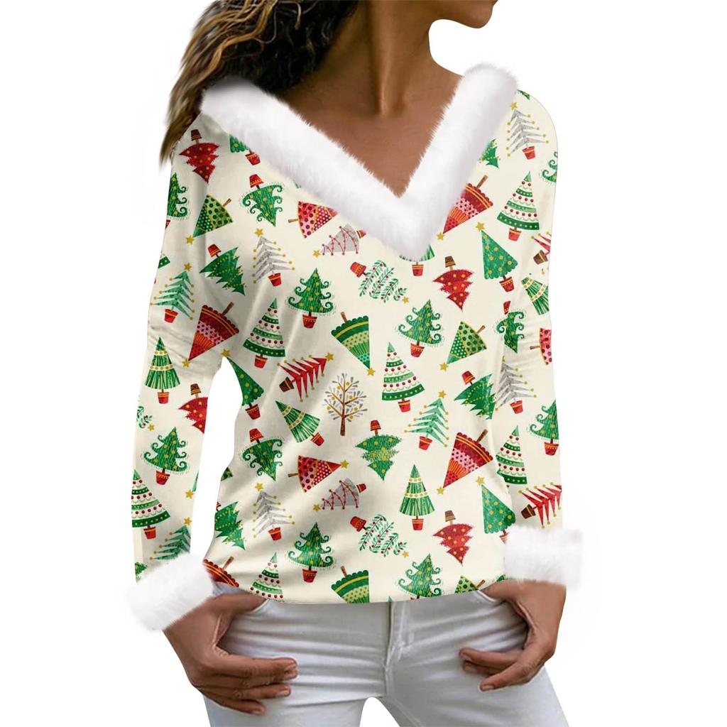 Женская футболка с рождественским принтом, футболка с длинным рукавом, флисовый воротник, топ с V-образным вырезом