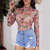Spring and Summer Elegant Mesh Printed Flowers Wooden Ear Edge Long-sleeved T-shirt Skinny Tops Female Versatile Closet Essential Fashion Items Shirt