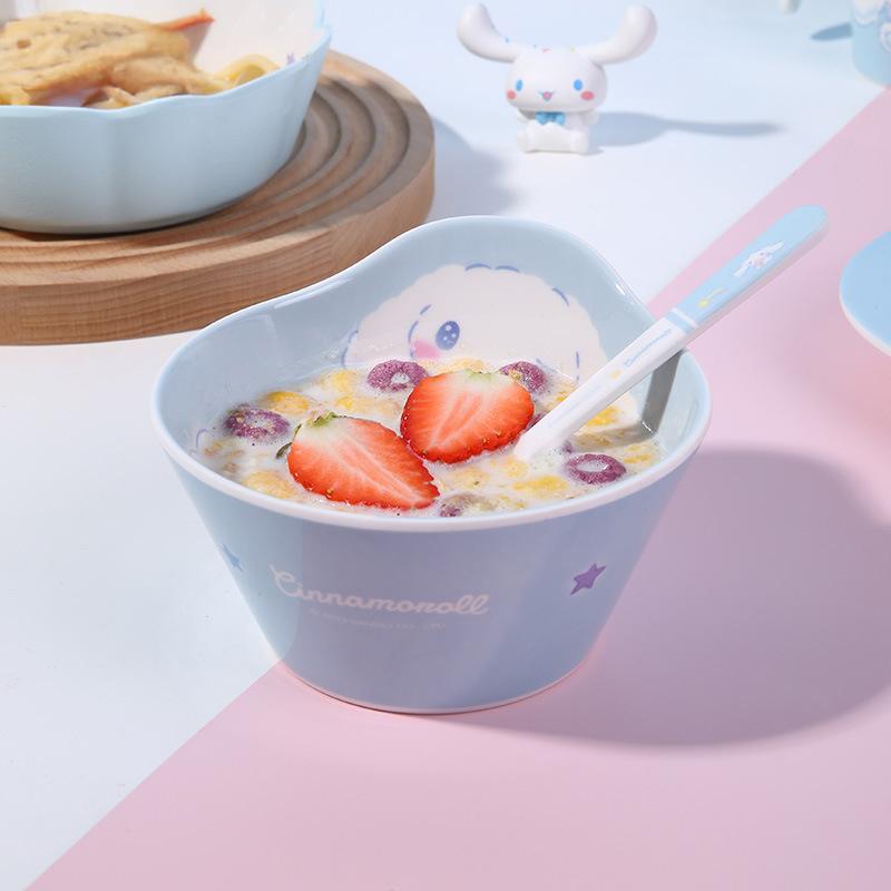 1 шт. Посуда Sanrio Cinnamoroll, мультяшная тарелка для завтрака, защита от падения, защита от ожогов, нескользящая ручка-кружка, ложка, миска, столовые приборы с кружевом