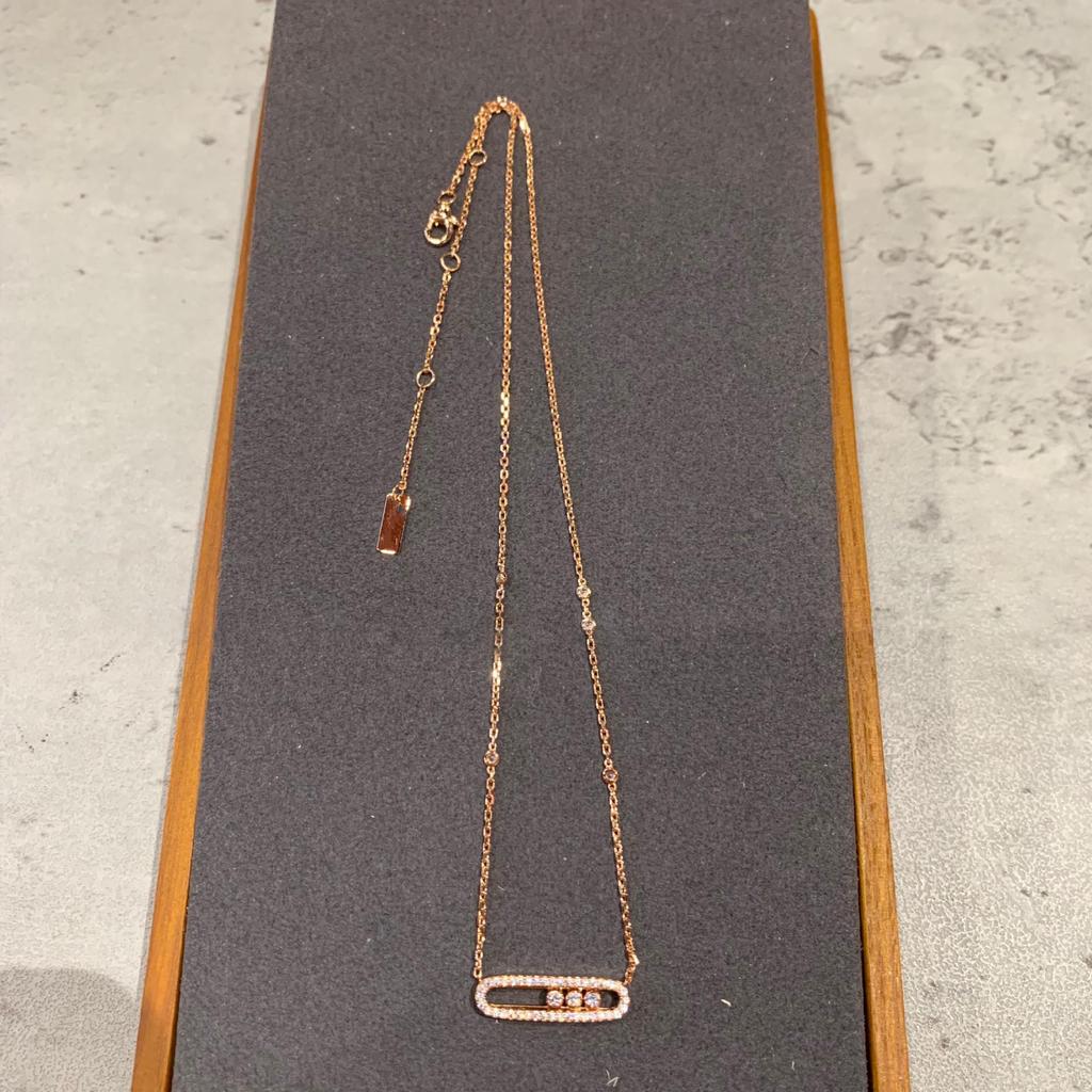 European-Style Gold-Plated S925 Silver Diamond Paperclip Necklace with Three Movable Beads