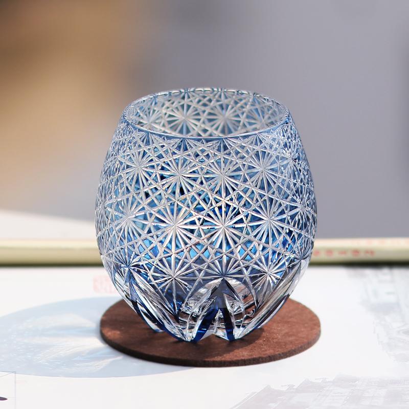 Handmade Edo Kiriko round Curved Rocks Glass Tumbler Colorful Japanese Style Whiskey Glasses with Gift Box for Cocktail Lovers