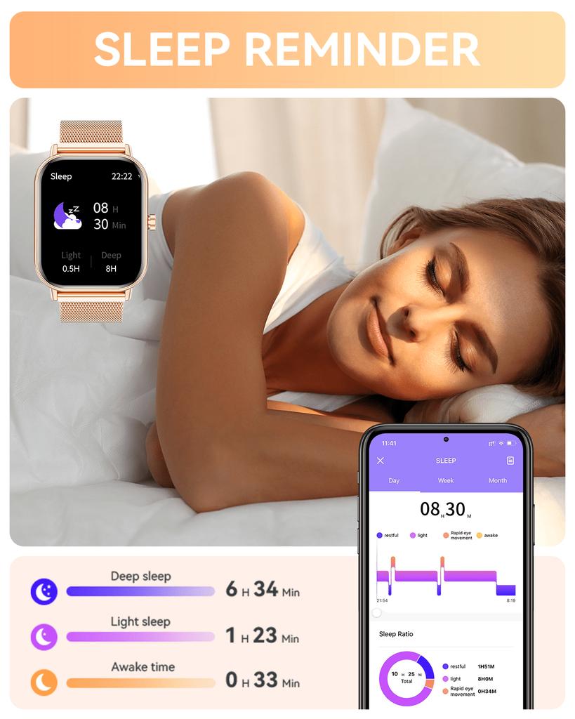 Умные часы, женские и мужские, фитнес-трекер с диагональю 1,85 дюйма, функцией ответа/вызова/напоминания о сообщениях, 100 спортивных режимов