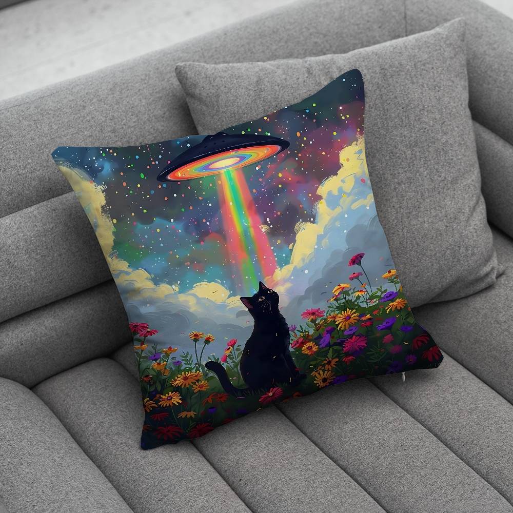Cute Funny Rainbow Alien Cat Pillow Case Pillowcase Home Sofa Cushions Car Cushions Pillowcover Office Pillowshell Pillow
