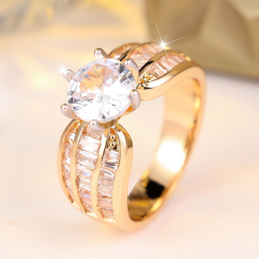 Exquisite Gold Color Round Cut Zircon Ring for Women Wedding Engagement Fashion Jewelry Gift