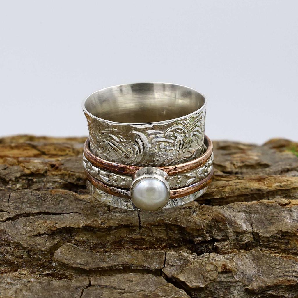 Кольцо из стерлингового серебра 925 пробы, Кольцо с белым жемчугом, Двухцветное кольцо, Кольцо в богемном стиле, Дизайнерское кольцо, Серебряные украшения