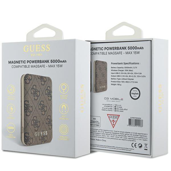 Powerbank indukcyjny 15W Guess 5000mAh Leather Metal Logo MagSafe Brązowy