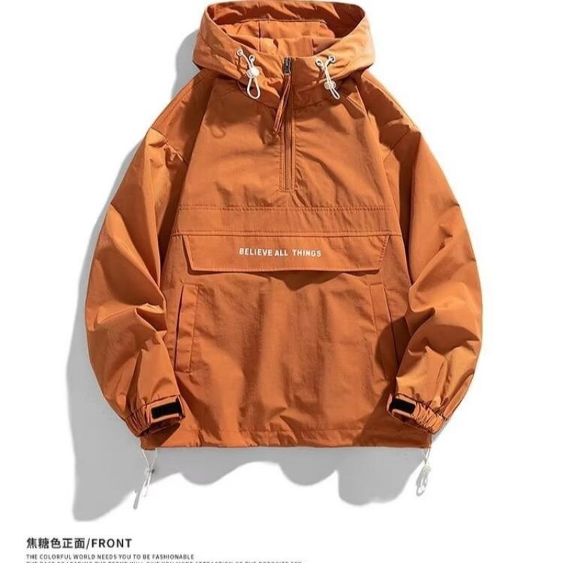 Men Hooded Half Zip Loose Workwear Jacket Spring Autumn