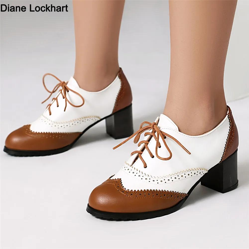Мода 2025 Новые Туфли-лодочки Женские Туфли Круглый Носок Высокий Каблук Платформа Броги Студенческие Резные Ретро Шнуровка Классические Весна Серебристый Черный Коричневый