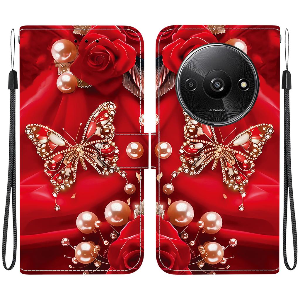 Handmade PU Leather Flip Case for Xiaomi Redmi A3 Anti-Slip Shockproof Cover with Wrist Strap & Heart/Rose Cat Designs