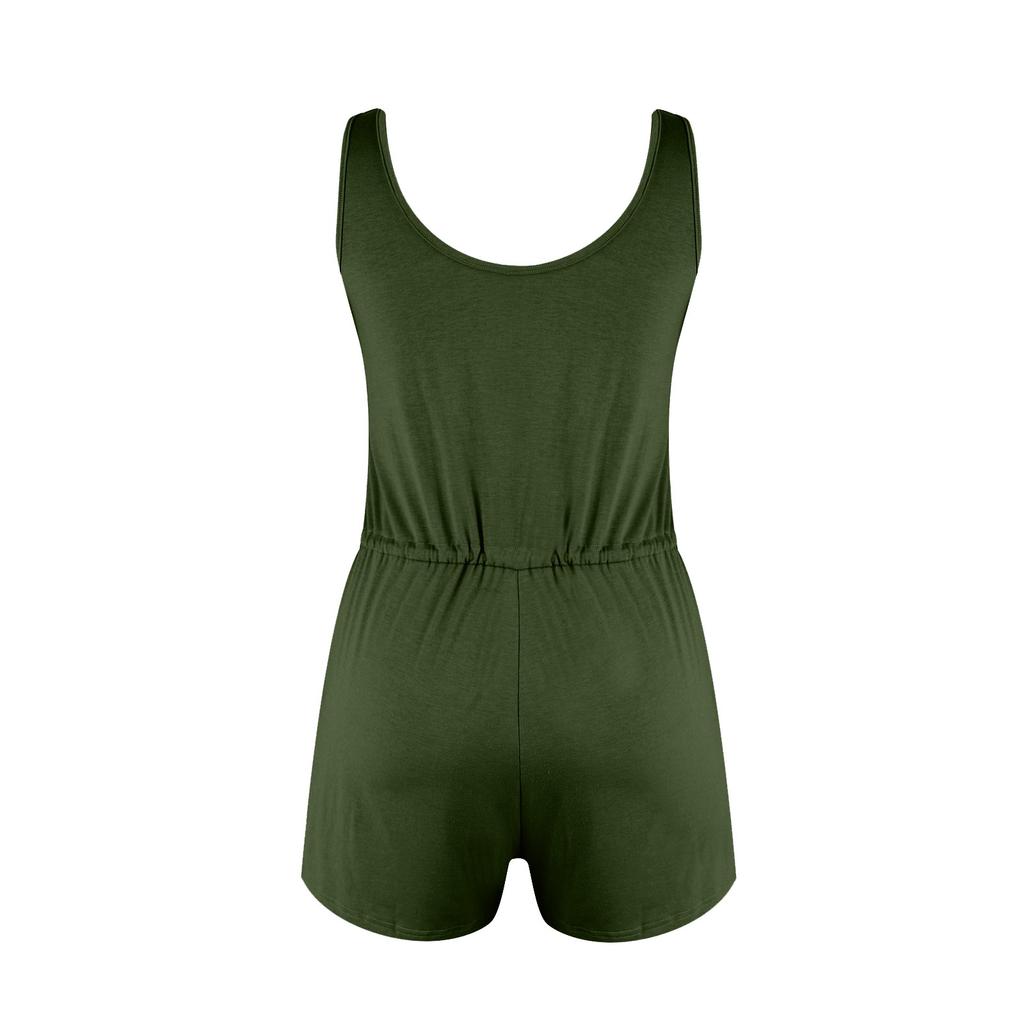 Women's Fashionable Casual Solid Color Vest With Drawstring Strap And Pocket Jumpsuit