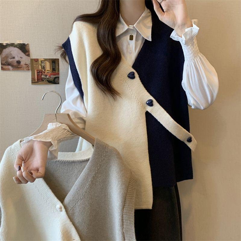 Весна и осень контрастный цветной свитер жилет с вышивкой для женщин дизайн нерегулярный свободный и тонкий безрукавный трикотажный жилет женский