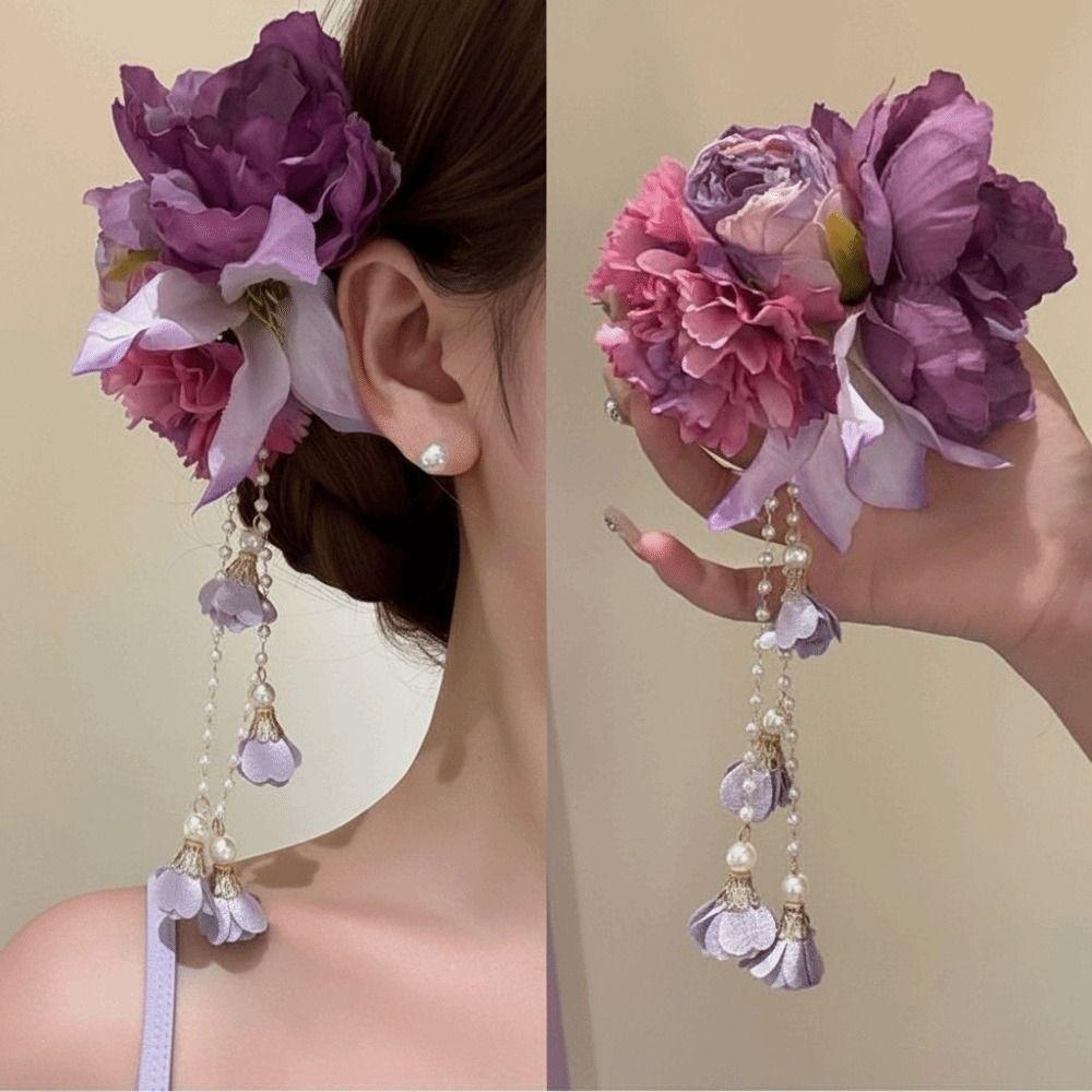 Elegant Design Flower Hairpin Pink Floral Headdress Tassel Hanfu Hair Accessories Party Wear