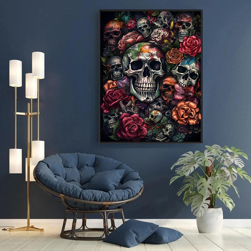 Постер Череп и Роза Абстрактный Ужасный Полные Черепа Холст Живопись Магическое Настенное Искусство для Гостиной Домашний Декор Фреска