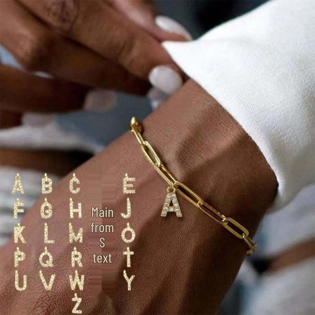 European & American Fashion 26-Letter Pendant Bracelet: Cubic Zirconia Micro-Paved Paperclip Chain, Elegant Women's Accessory.