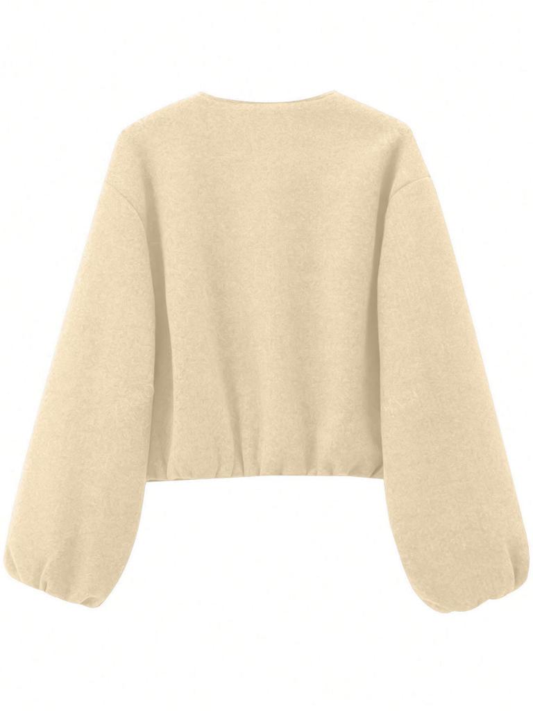 Women's Autumn/Winter Bomber Jacket - Round Neck, Drop Shoulder, Lantern Sleeve, Street Style Zip Cardigan