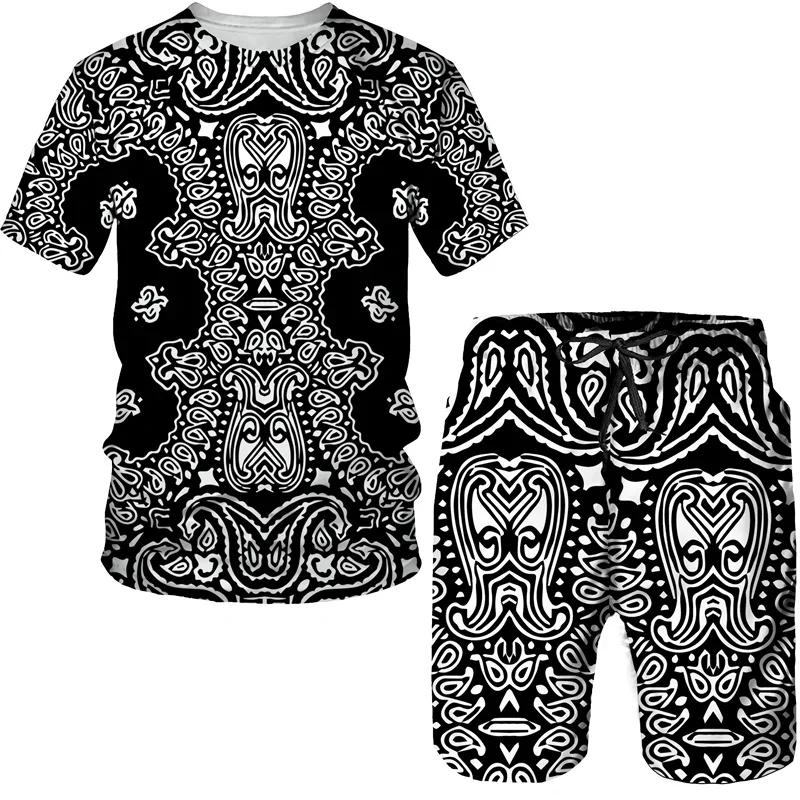 Summer Men's Luxury Golden Pattern T-Shirts/Shorts/Sets Vintage 3D Printed Two Piece Suit Fashion Jogger Male Streetwear Clothes