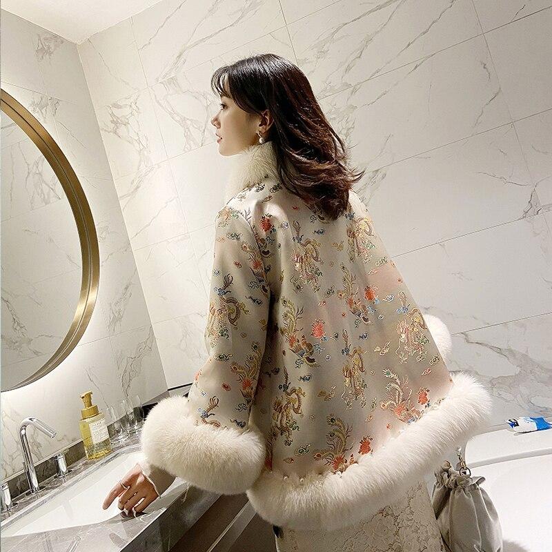 Пальто из лисьего меха в китайском стиле, женская атласная шаль средней длины с бисером, куртка из искусственного меха, женское зимнее пальто, верхняя одежда с принтом