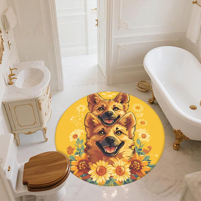 Dog on Yellow Background,Round Area Rug,Carpet Rug for Living Room Bedroom Sofa Playroom Decor,Non-slip Floor Mat
