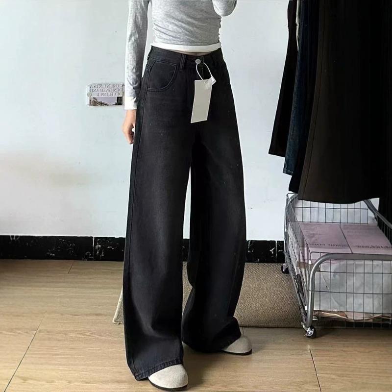 Black straight jeans women's velvet new pear-shaped loose figure high waist thin wide legs mopping pants