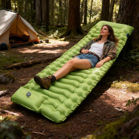 Inflatable Sleeping Pad Built-in Foot Pump Pillow Lightweight Thicken Portable Single