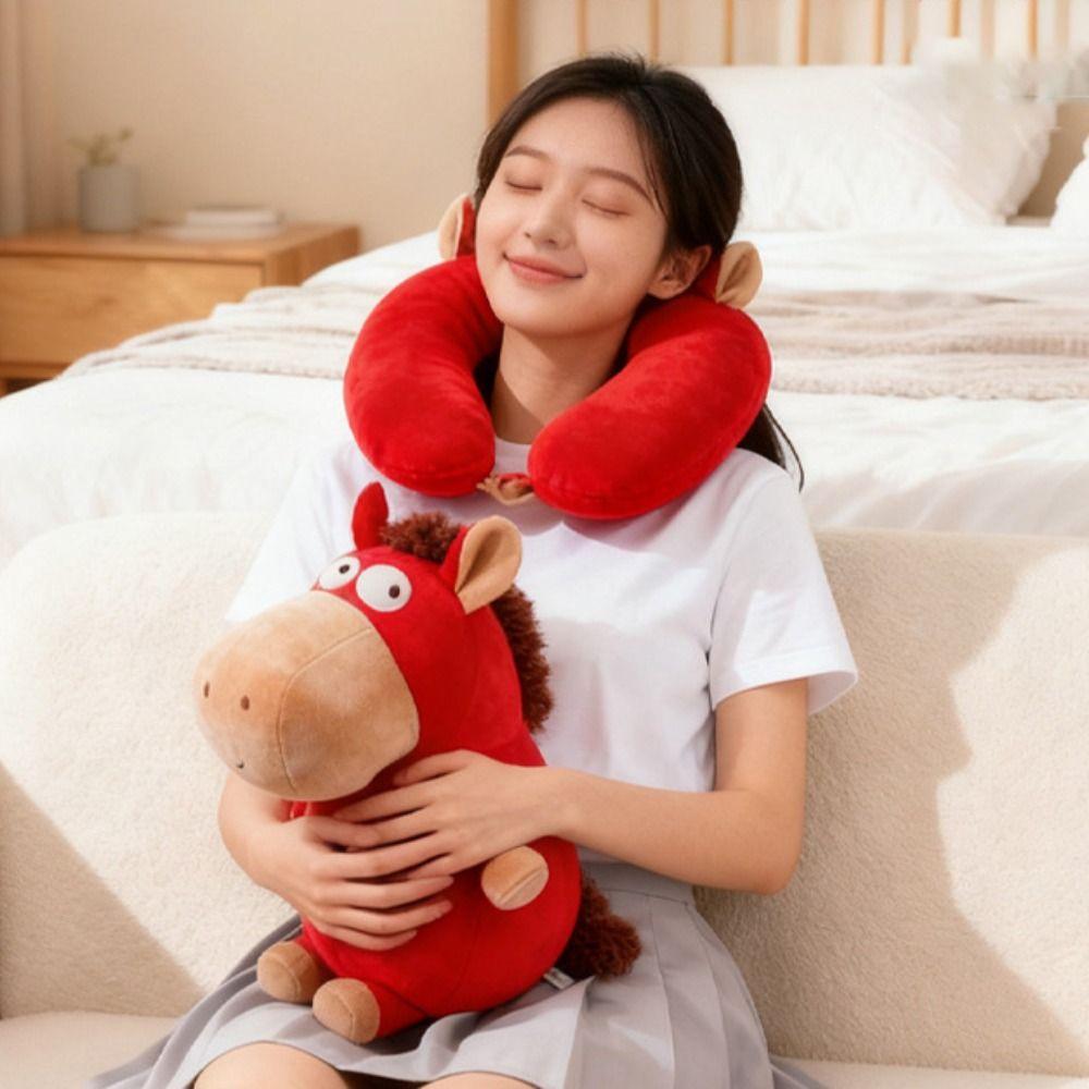 Adorable 2 in 1 Deformable Horse U-shaped Pillow Soft Foam Particle Office Nap Pillow Skin-friendly Cartoon Sleep Pillow Travel