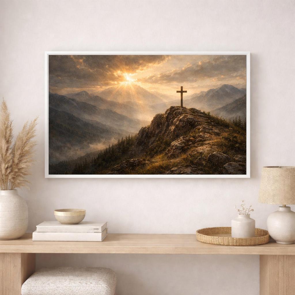 Cross on the Mountain Canvas Wall Art, Christian Landscape Painting, Jesus Cross Wall Art, Religious Mountain Art, Christian Canvas
