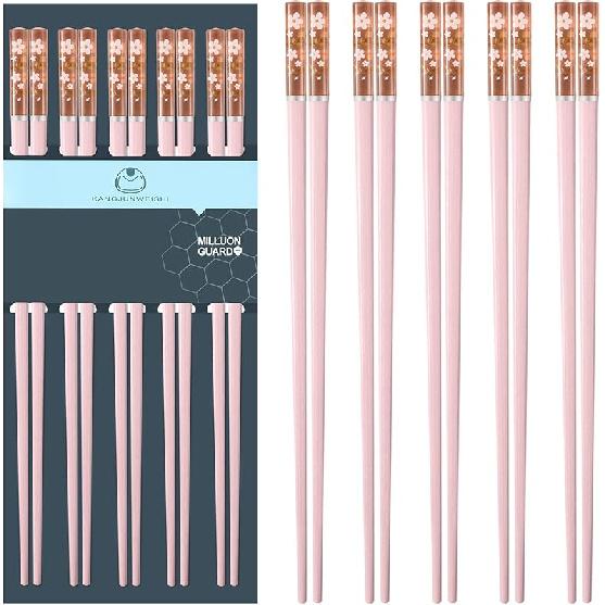 Chopsticks Reble Dishwasher Safe, 9.57 inches Pink Non-slip Lightweight Fiberglass Chop Sticks, Asian Cuisine Japanese Chinese Chopstick Gift Set, 5