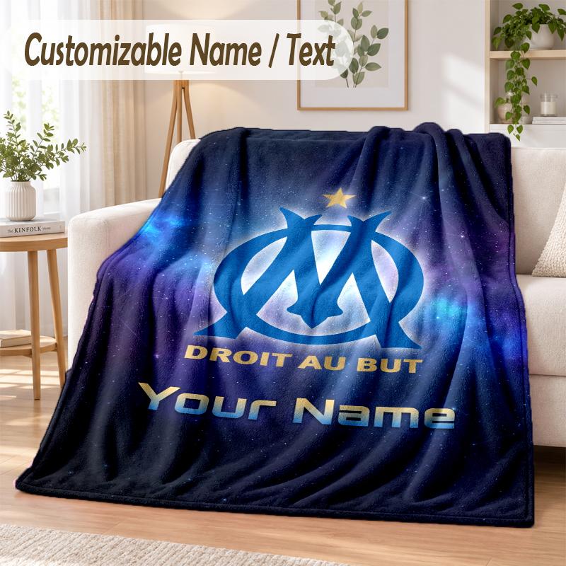 Custom Text Flannel Blanket Olympique Marseille FC Print Warm Cozy Blanket Home Sofa Bedding