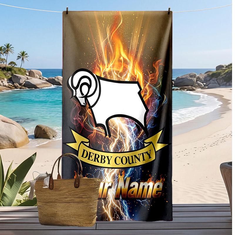 Derby County Personalized Printed Beach Towel Soccer Logo Support Custom Name Text Absorbent Towel For Sport Travel Special Gift