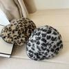 Pu Leather Brim Baseball Cap Y2K Women Leopard Print Hat Retro Lamb Wool Berets