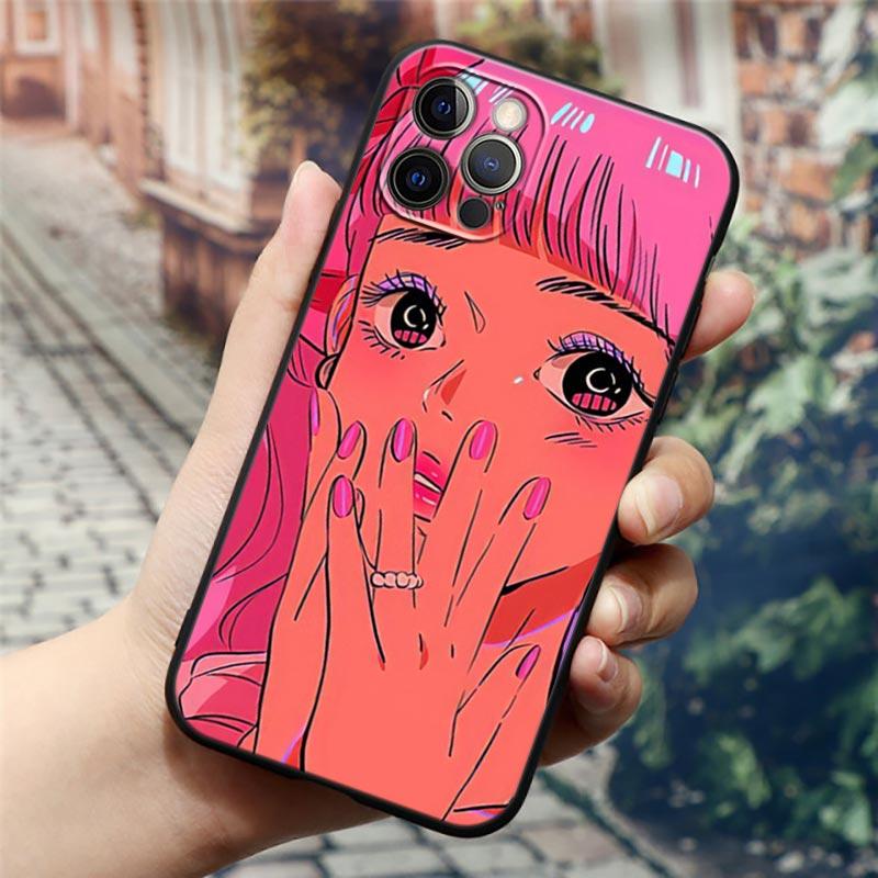 Супер милый чехол для телефона с аниме девушкой для iPhone14 13 12 11 PM Pro Max 8 7 SE XR XS Plus, черный мягкий силиконовый чехол Fundas Coques Shell