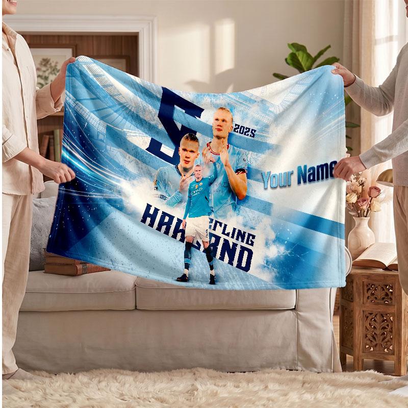 Erling Haaland Personalized Fleece Blanket With Football Logo, Custom Name Text Soft Warm Home Throw Blanket