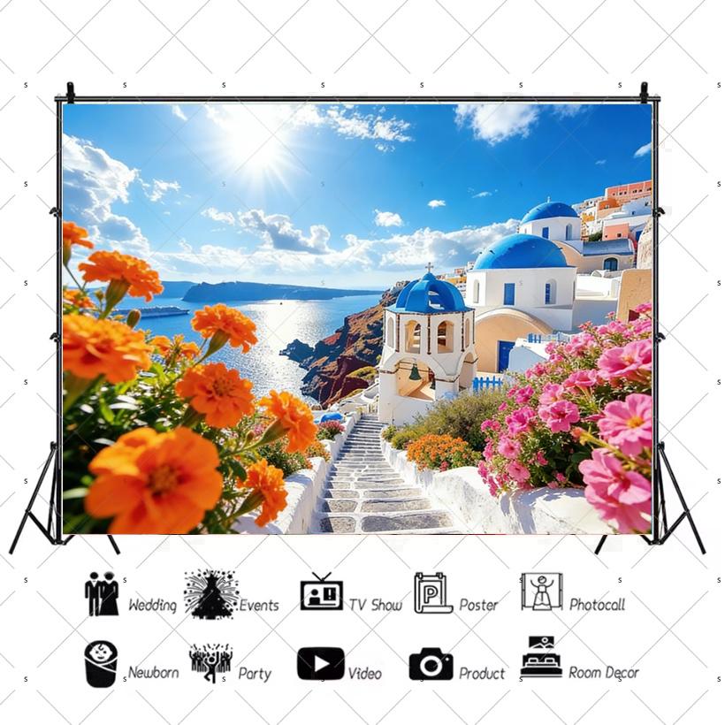Nordic Greek Landscape Home Party Decorations Santorini Island Town Blue Dome Church Santorini Aegean Sea Photography Backdrop